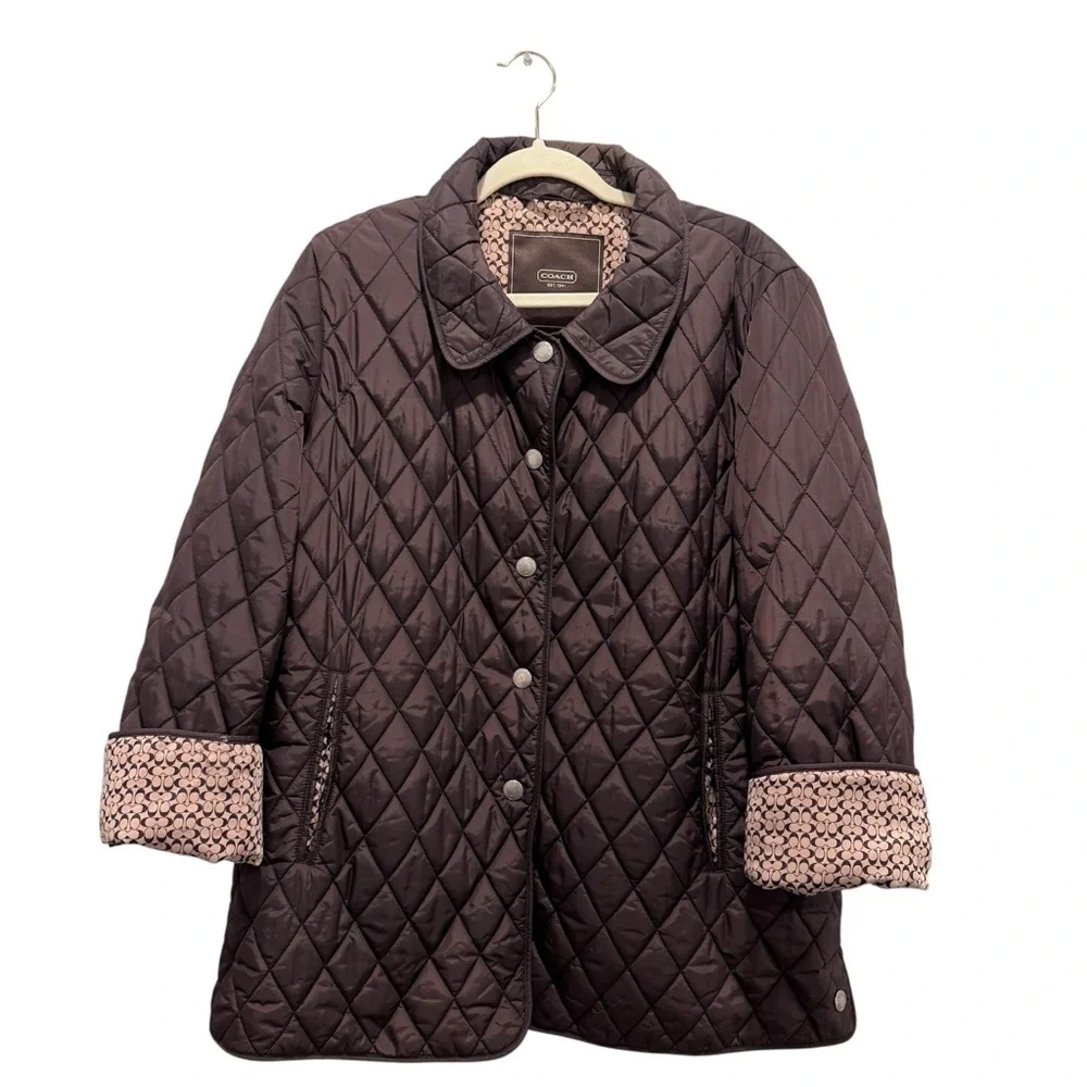 Coach Diamond Quilted Signature C Barn Puffer Jacket Equestrian Classic Brown XL